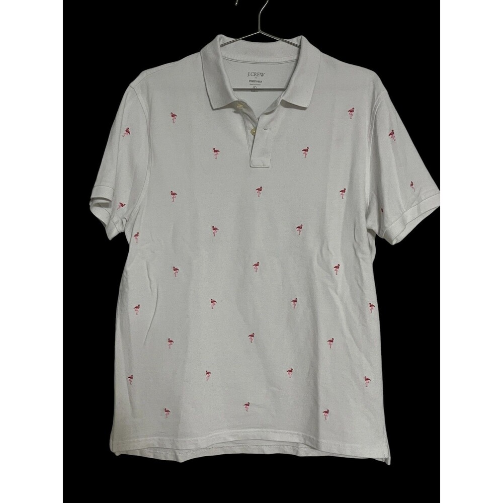 J.Crew Men's White Flamingo Embroidered Pique Polo Shirt Size L Golf Brunch